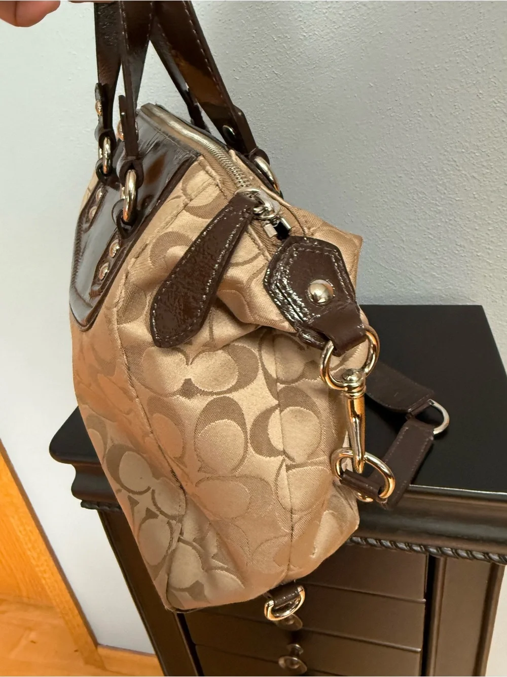 Coach Two-Tone Signature Satchel in Brown and Tan